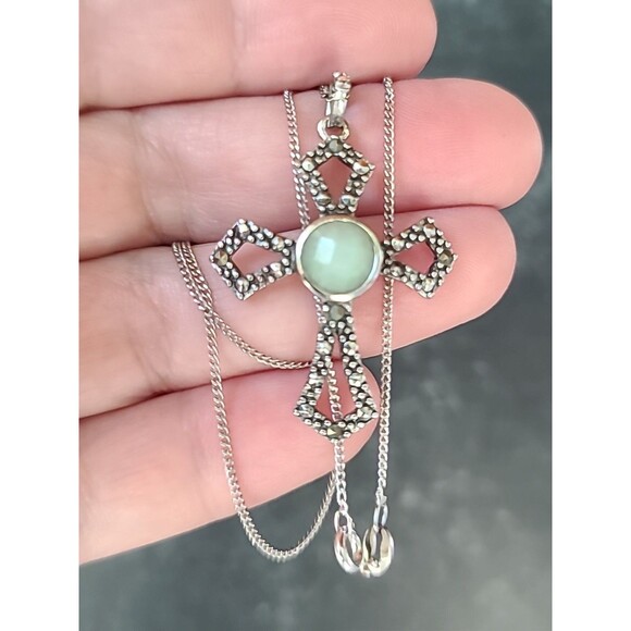 925 Sterling Silver Amazonite Marcasite Cross Pendant Necklace Vintage - Picture 1 of 10